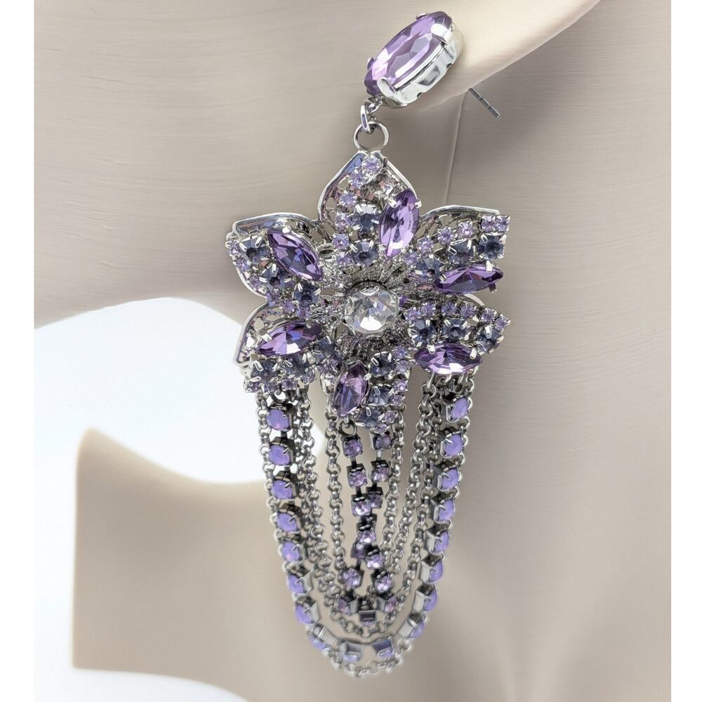 Purple Rhinestone Crystal Waterfall Chandelier Dangle Statement Earrings 4in
